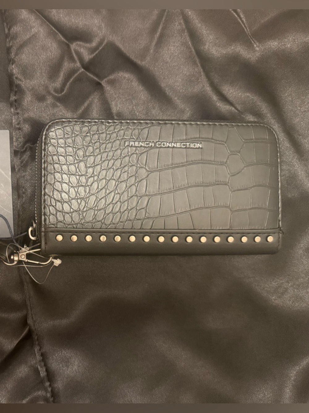 French Connection Black Croc-Embossed Studded Wristlet